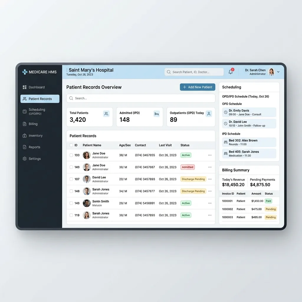Hospital Management System (HMS) — dashboard overview