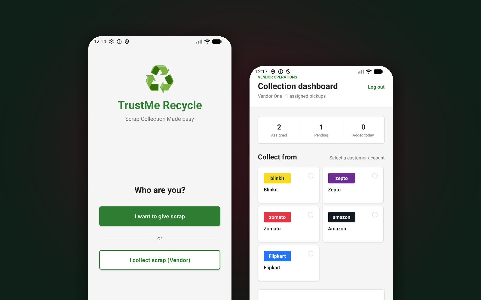 TrustMeRecycle — Scrap & E-Waste Pickup App for an ISO-Certified Recycler mockup