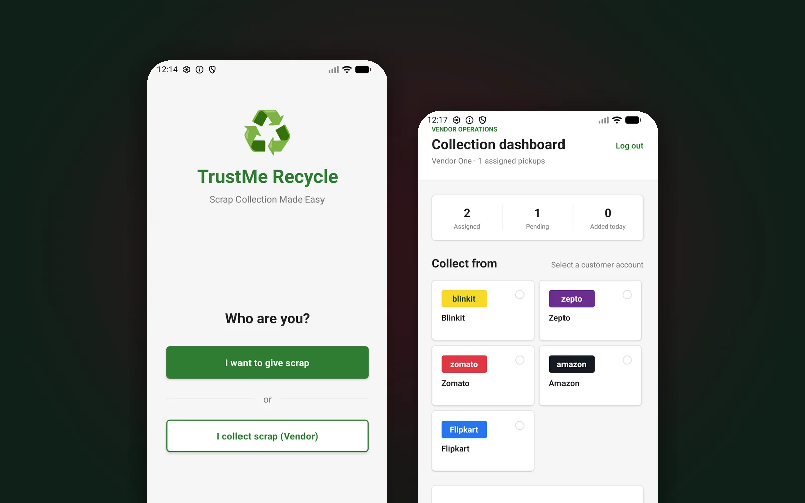 TrustMeRecycle — Scrap & E-Waste Pickup App for an ISO-Certified Recycler — dashboard overview